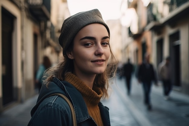 Una donna si trova in una strada in una città con un cappello.