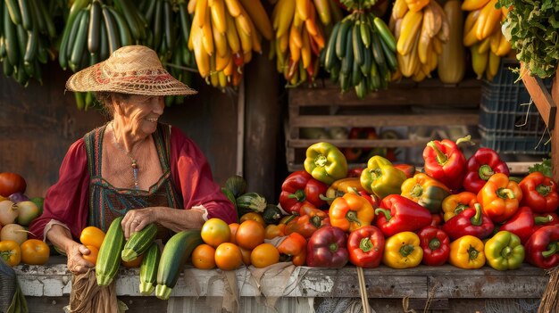 Una donna si trova orgogliosa davanti a una vivace esposizione di frutta e verdura di stagione