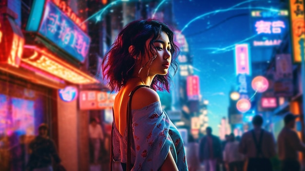 Una donna si trova per strada davanti a un'insegna al neon con la scritta "cyberpunk"