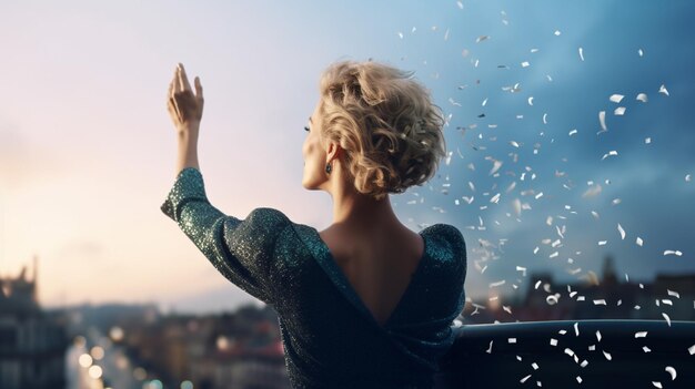 Una donna si trova su un balcone e guarda un cielo blu con petali sparsi.