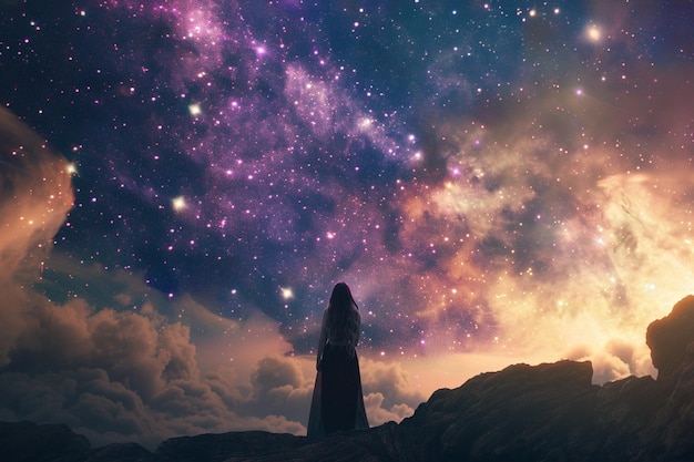 una donna si trova su una montagna a guardare le stelle