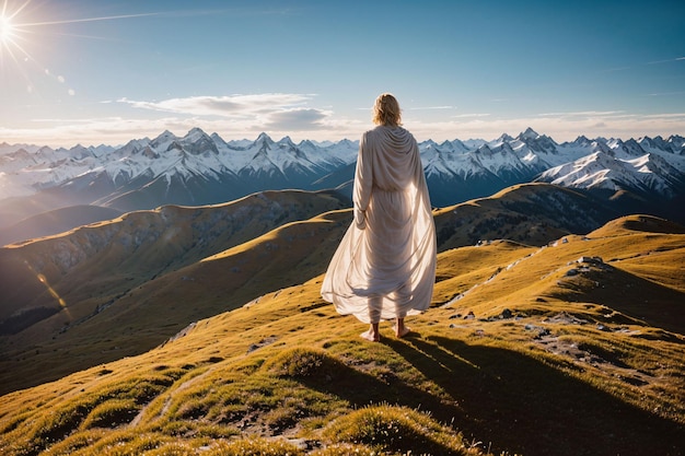 Una donna si trova su una montagna con le montagne sullo sfondo.