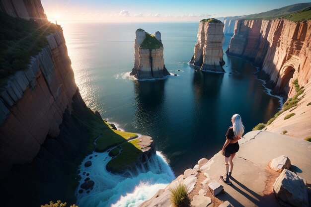 Una donna si trova su una scogliera che domina uno specchio d'acqua e il sole sta tramontando.