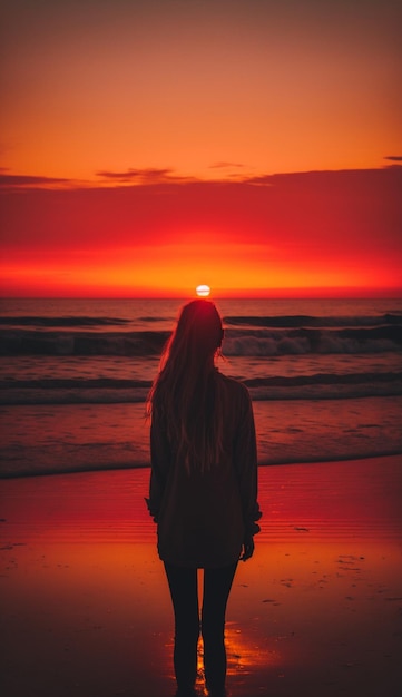 Una donna si trova su una spiaggia a guardare il tramonto