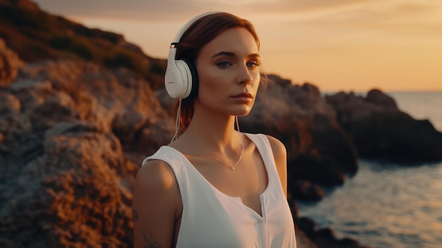 Una donna si trova su una spiaggia rocciosa con le cuffie bianche.