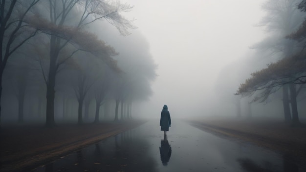 Una donna si trova su una strada nella nebbia.