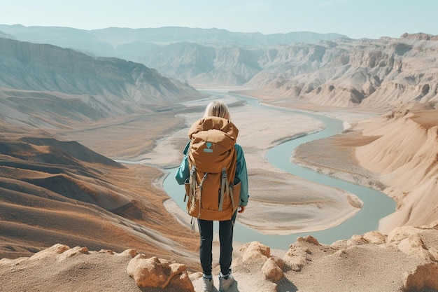 Una donna si trova sulla cima di una montagna e guarda un fiume.