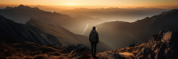 Una donna si trova sulla cima di una montagna guardando il tramonto