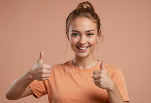 Una donna sicura in una maglietta arancione alza due pollici il suo sorriso luminoso comunica positività