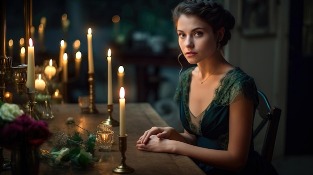 Una donna siede a un tavolo con delle candele davanti a sé.