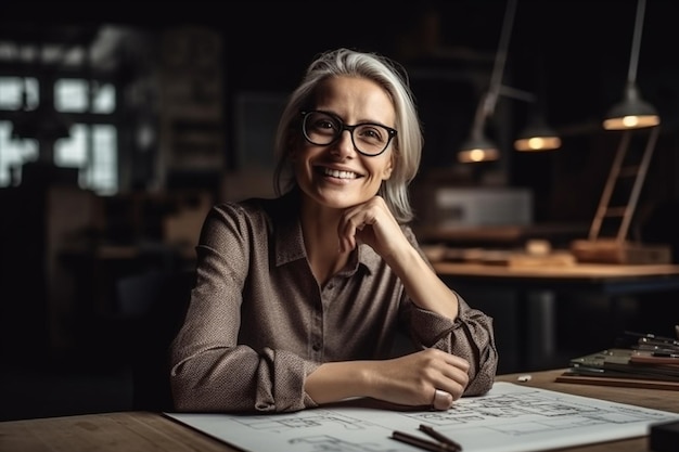 Una donna siede a un tavolo con sopra un disegno.