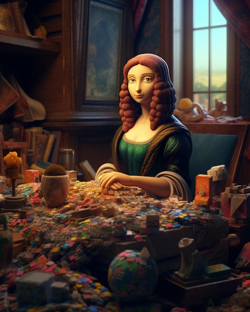 Una donna siede a un tavolo con un dipinto di una donna con un vestito.