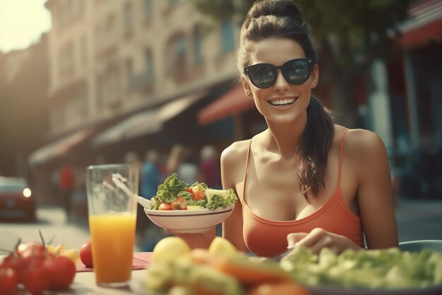 Una donna siede a un tavolo con un'insalata e un bicchiere di succo d'arancia.