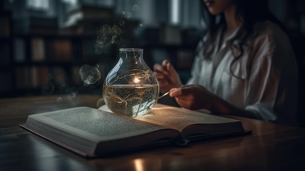 Una donna siede a un tavolo con un libro e una candela in mano.