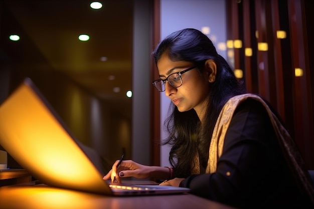 Una donna siede a un tavolo davanti a un laptop illuminato