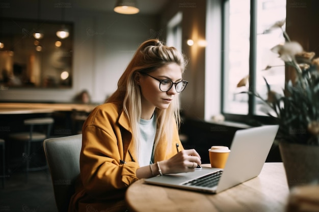 Una donna siede a un tavolo in un bar, lavorando su un computer portatile.