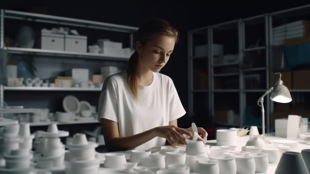 Una donna siede a un tavolo in una stanza buia e sta lavorando a una scultura in ceramica bianca.