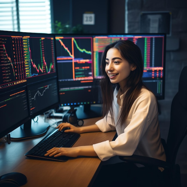 Una donna siede a una scrivania davanti a due monitor di computer con la parola stock sullo schermo.