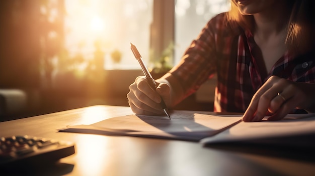 Una donna siede a una scrivania e scrive su un pezzo di carta.