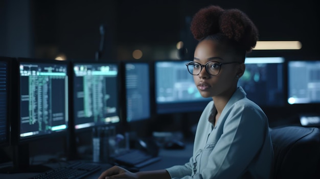 Una donna siede al computer in una stanza buia, guardando lo schermo con il codice di testo sopra.