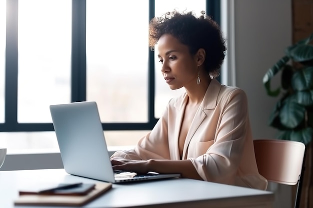 Una donna siede alla scrivania con un computer portatile