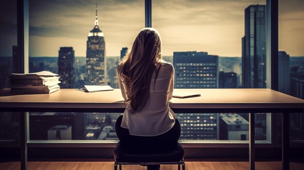 Una donna siede davanti a una finestra che guarda un paesaggio urbano.