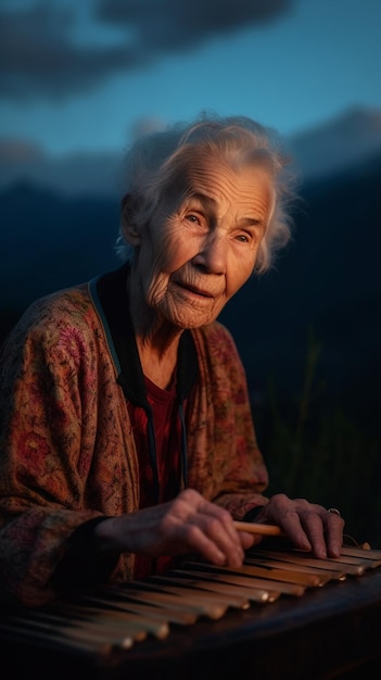 Una donna siede davanti a una montagna di notte