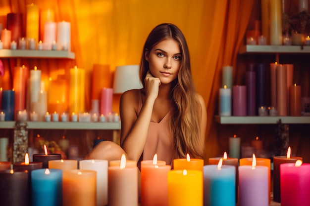 Una donna siede davanti alle candele con una tenda gialla dietro di lei.