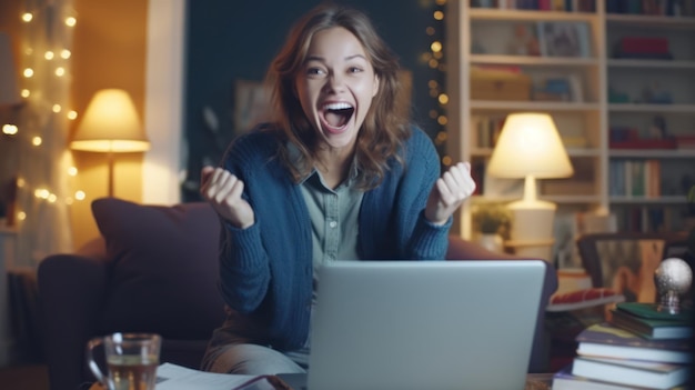 Una donna siede in salotto e sorride alla telecamera.