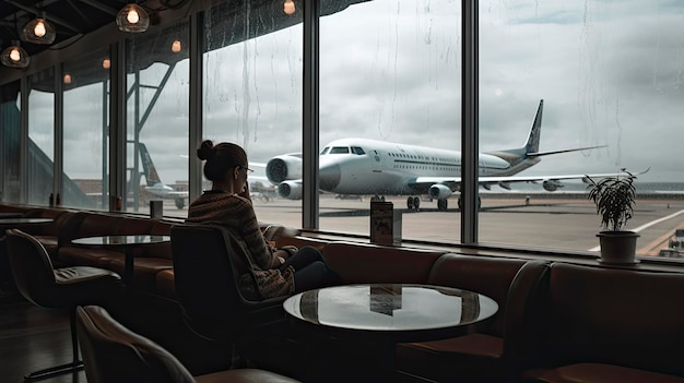 Una donna siede in un salotto con un aereo sulla pista.