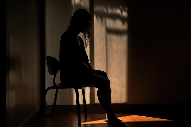 Una donna siede in una stanza buia con il sole che le splende sul viso.