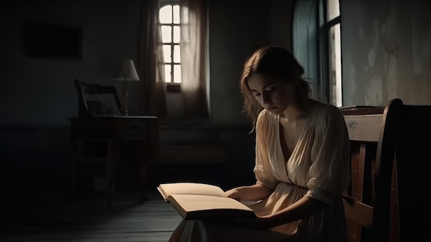 Una donna siede in una stanza buia leggendo un libro.