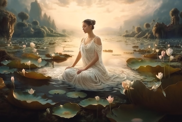 Una donna siede in uno stagno con fiori di loto sul fondo.