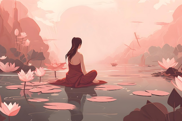 Una donna siede in uno stagno di loto in un tramonto rosa.