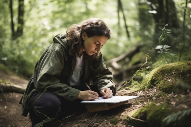 Una donna siede nel bosco, scrivendo su un taccuino.