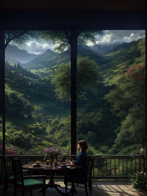 Una donna siede su un balcone con vista sulle montagne.