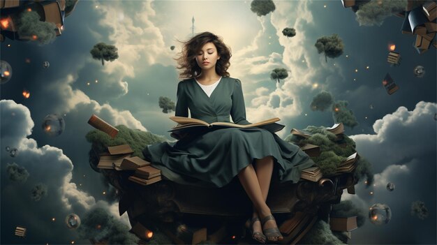 Una donna siede su un libro con le parole "il libro" al centro dell'immagine"