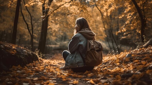 Una donna siede su un sentiero nel bosco con uno zaino sulle spalle.