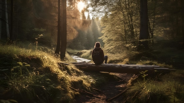 Una donna siede su un tronco in una foresta con il sole che splende attraverso gli alberi.