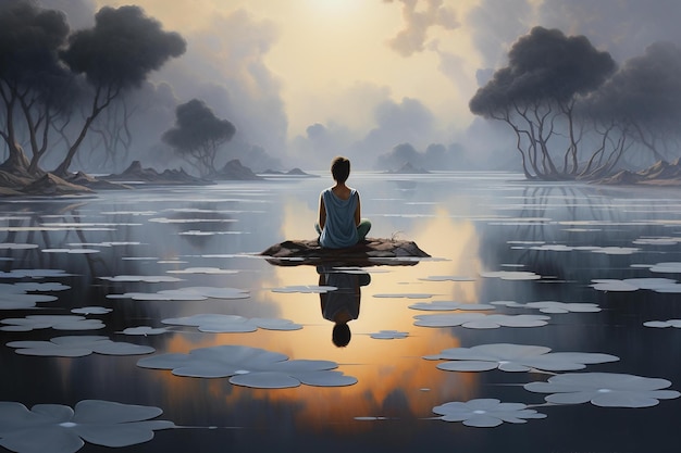 Una donna siede su una barca in mezzo a un lago con il sole alle spalle