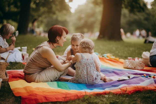 Una donna siede su una coperta con i suoi figli su una coperta da picnic.