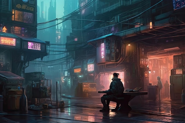 Una donna siede su una panchina in una città cyberpunk.