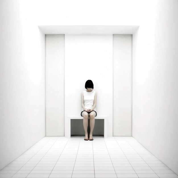 una donna siede su una porta con un muro bianco dietro di lei