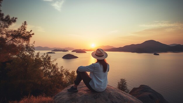 Una donna siede su una roccia che si affaccia su un lago e guarda il tramonto.