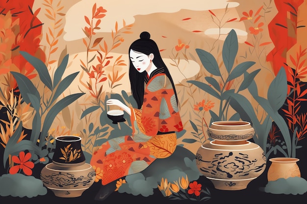 Una donna siede su una roccia davanti al dipinto di un vaso con sopra la parola "geisha".