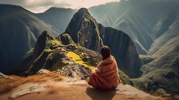 Una donna siede su una scogliera che domina Machu Picchu e Machu Picchu.