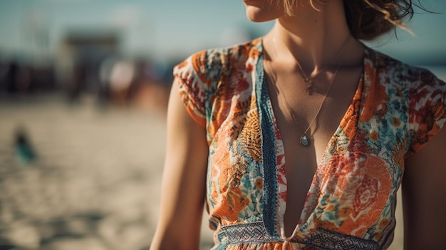 Una donna siede su una spiaggia indossando un abito colorato con una collana.