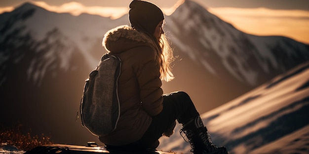 Una donna siede su una sporgenza con le montagne sullo sfondo