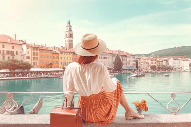 Una donna siede su una sporgenza di fronte a un lago e indossa un cappello e una gonna.