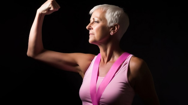 Una donna solleva il petto con forza e determinazione perché ha battuto il cancro al seno